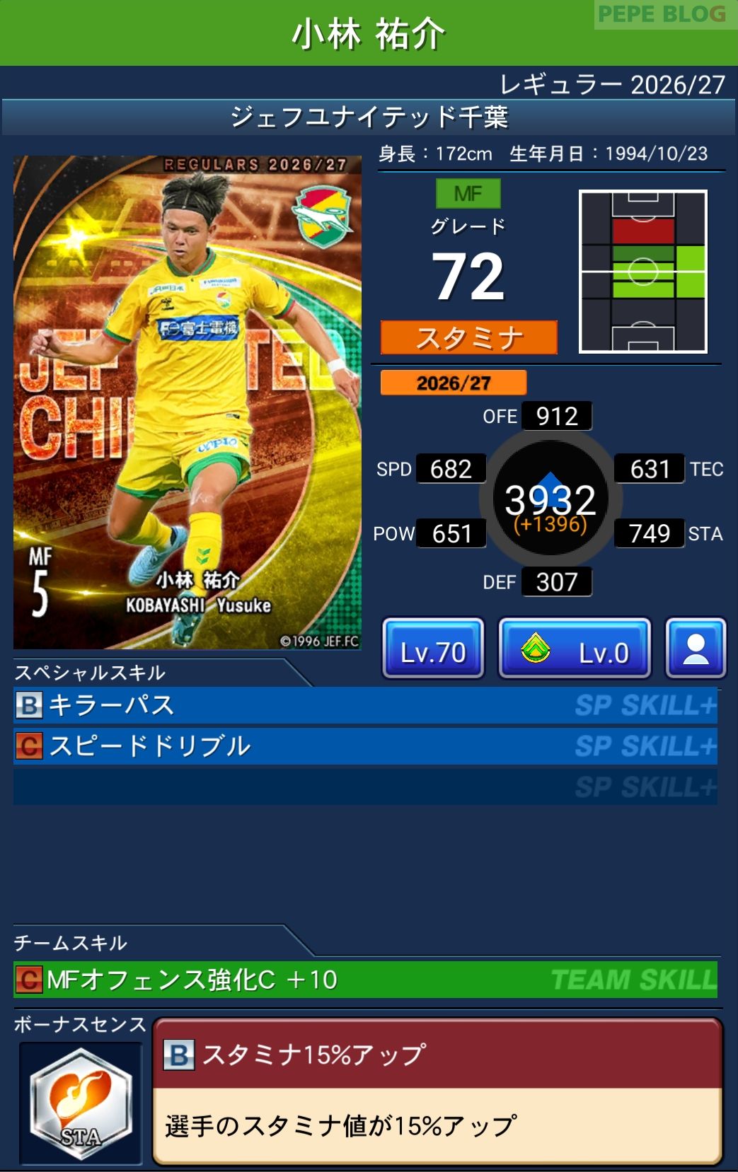 Jクラ レギュラー2026/27 ジェフユナイテッド千葉 小林 祐介 グレード72