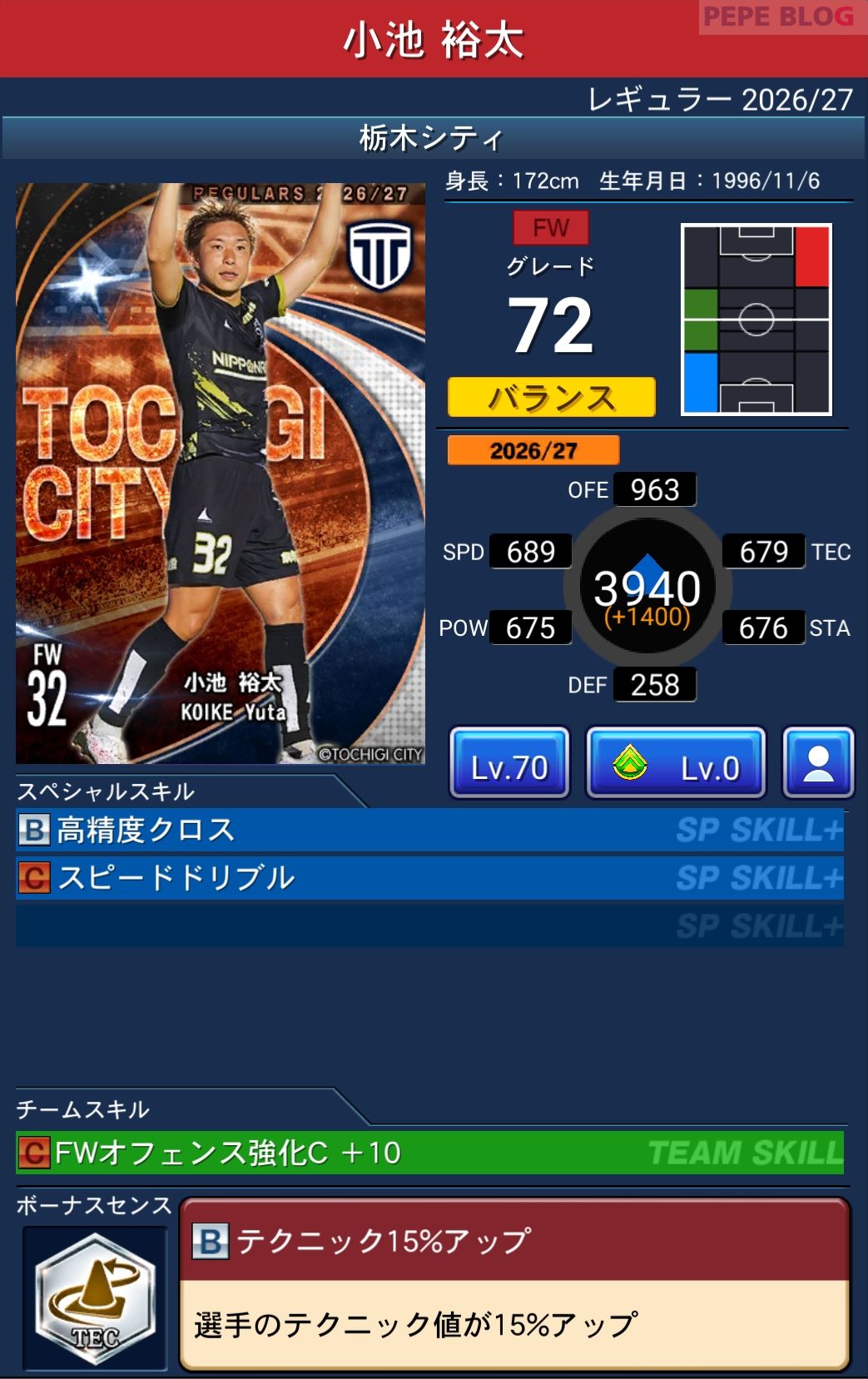 Jクラ レギュラー2026/27 栃木シティ 小池 裕太 グレード72