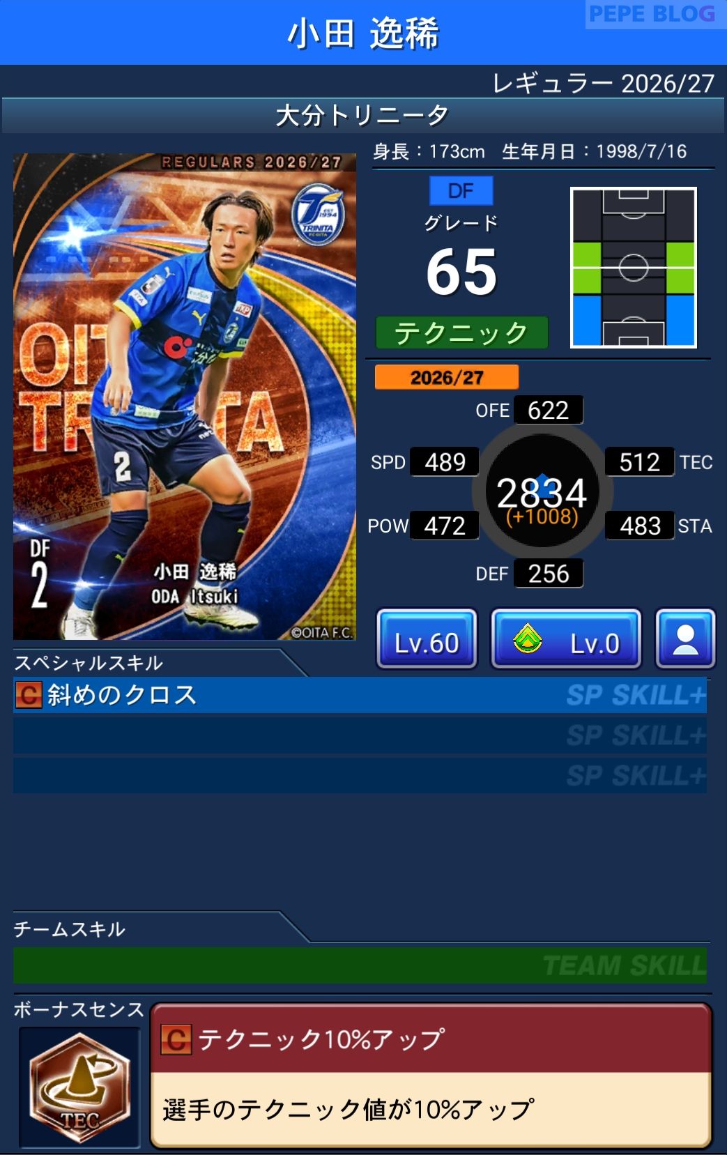 Jクラ レギュラー2026/27 大分トリニータ 小田 逸稀 グレード65