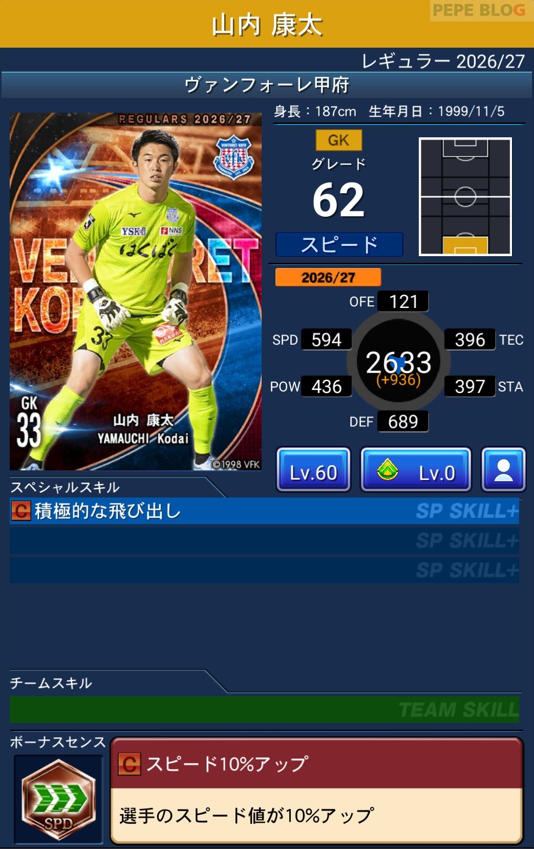 Jクラ レギュラー2026/27 ヴァンフォーレ甲府 山内 康太 グレード62