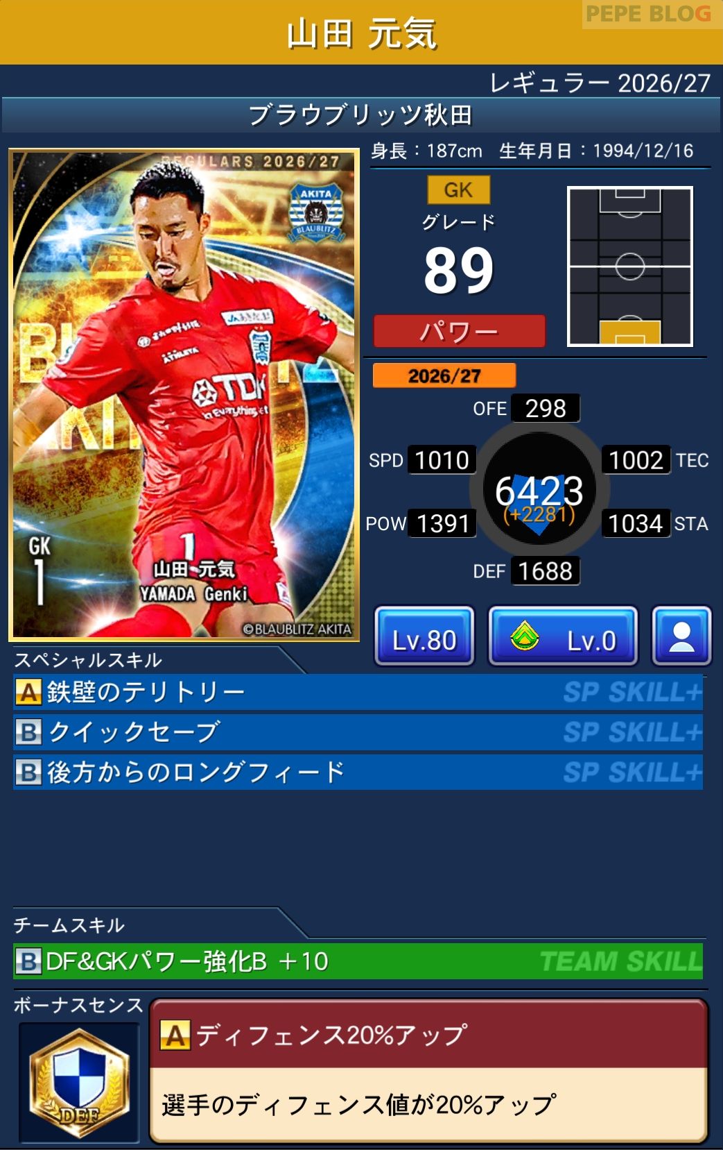Jクラ レギュラー2026/27 ブラウブリッツ秋田 山田 元気 グレード89