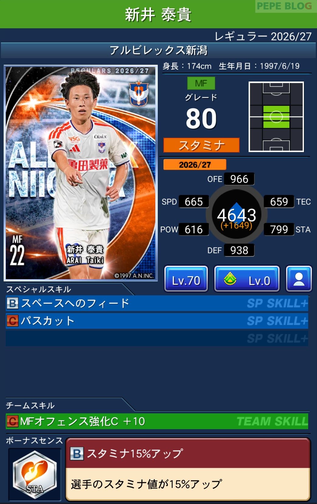 Jクラ レギュラー2026/27 アルビレックス新潟 新井 泰貴 グレード80