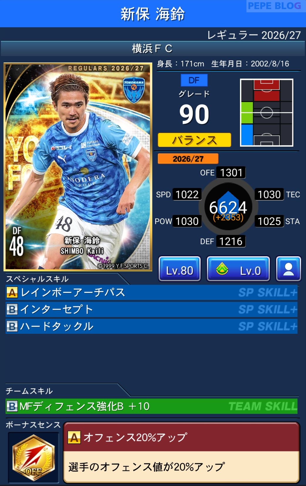 Jクラ レギュラー2026/27 横浜FC 新保 海鈴 グレード90