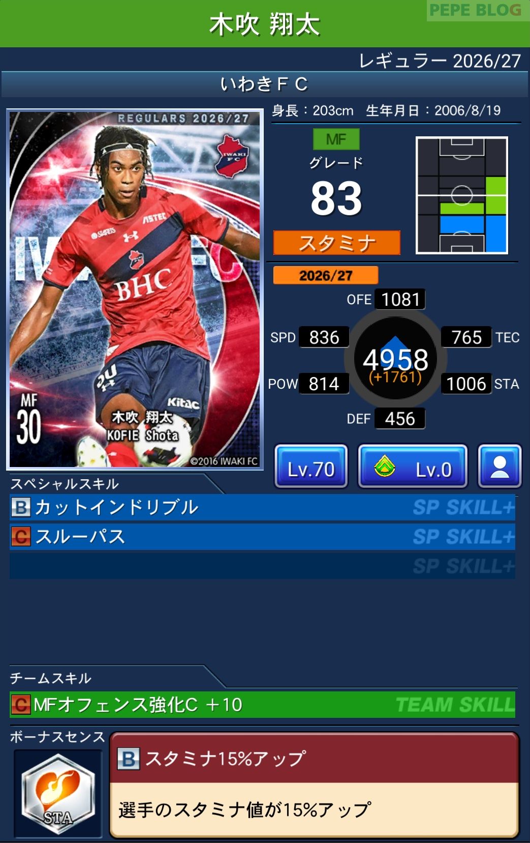 Jクラ レギュラー2026/27 いわきFC 木吹 翔太 グレード83
