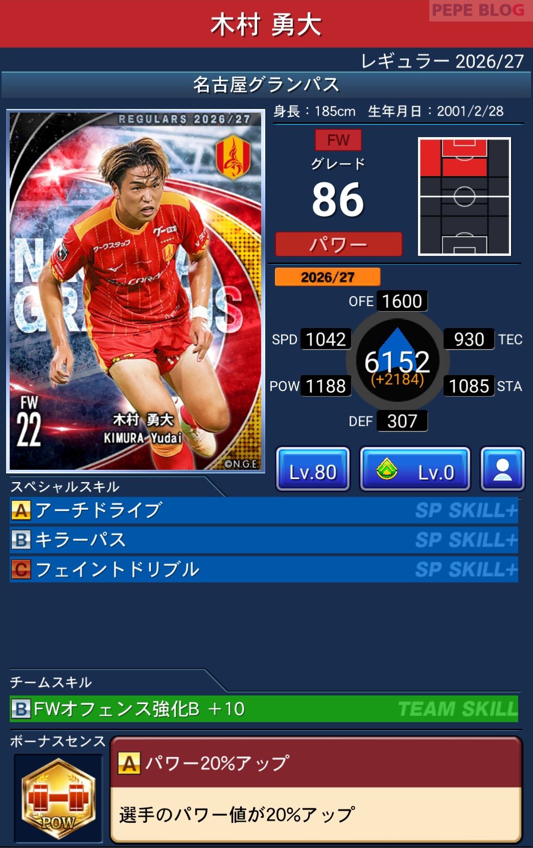 Jクラ レギュラー2026/27 名古屋グランパス 木村 勇大 グレード86