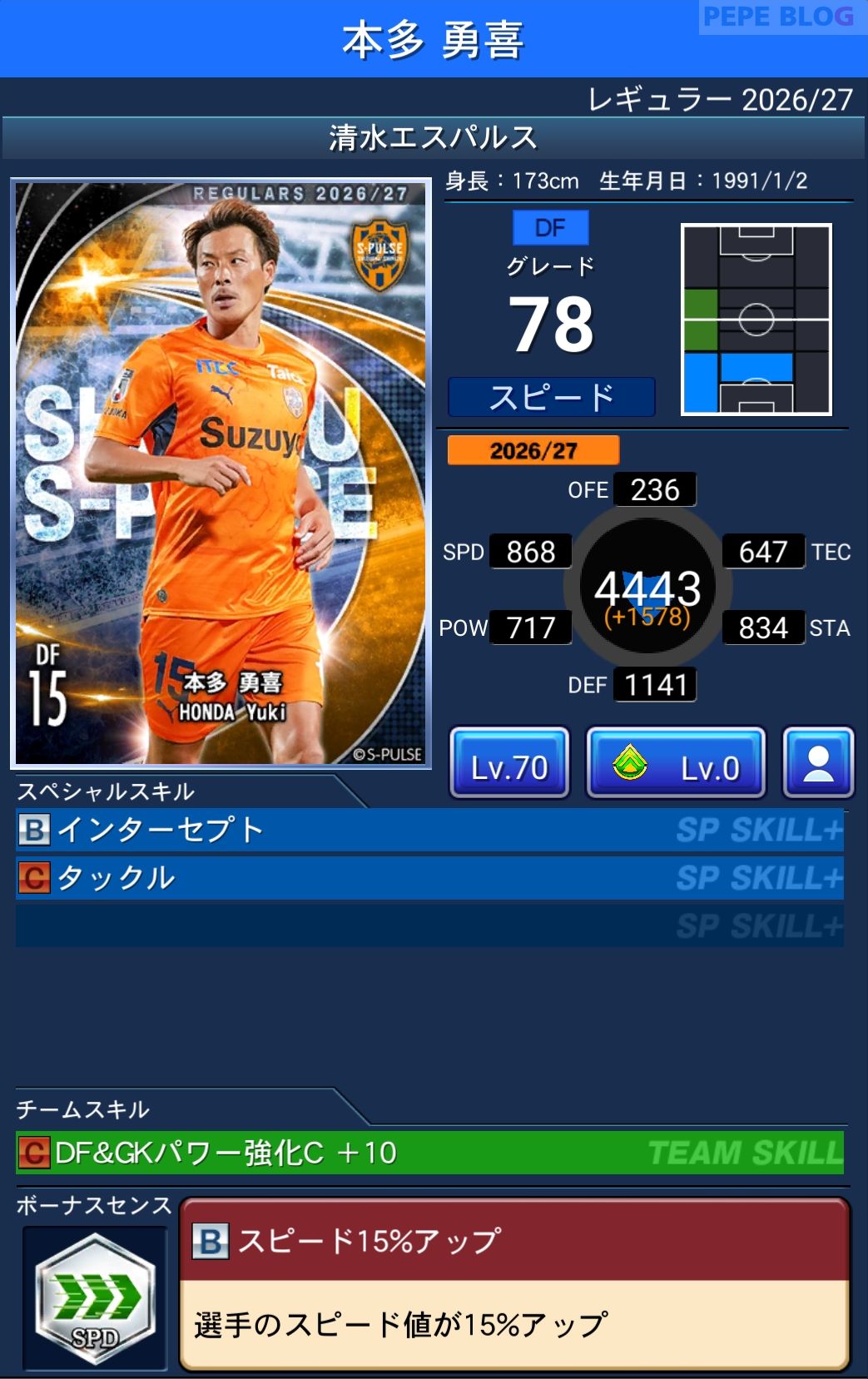 Jクラ レギュラー2026/27 清水エスパルス 本多 勇喜 グレード78