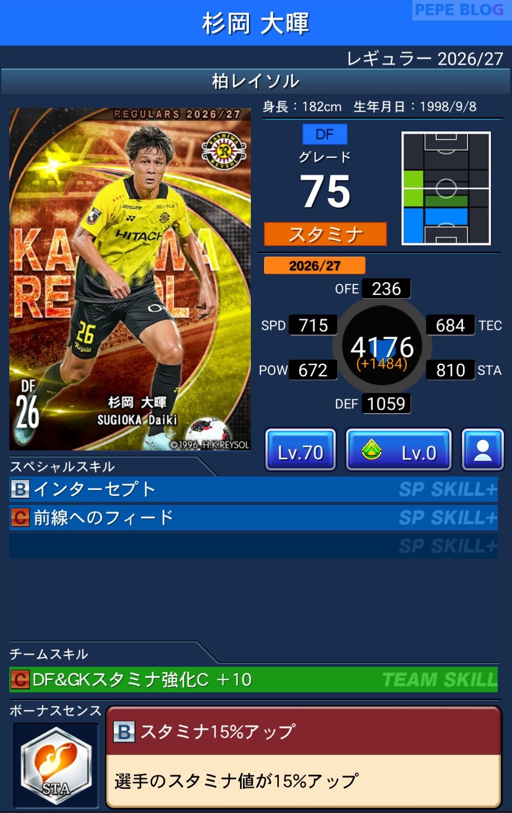 Jクラ レギュラー2026/27 柏レイソル 杉岡 大暉 グレード75