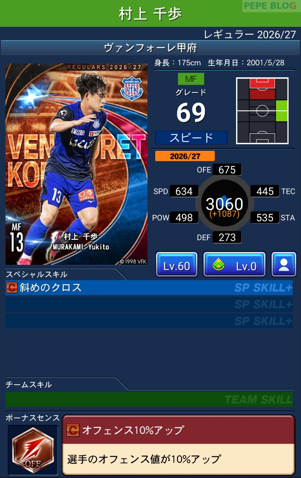Jクラ レギュラー2026/27 ヴァンフォーレ甲府 村上 千歩 グレード69