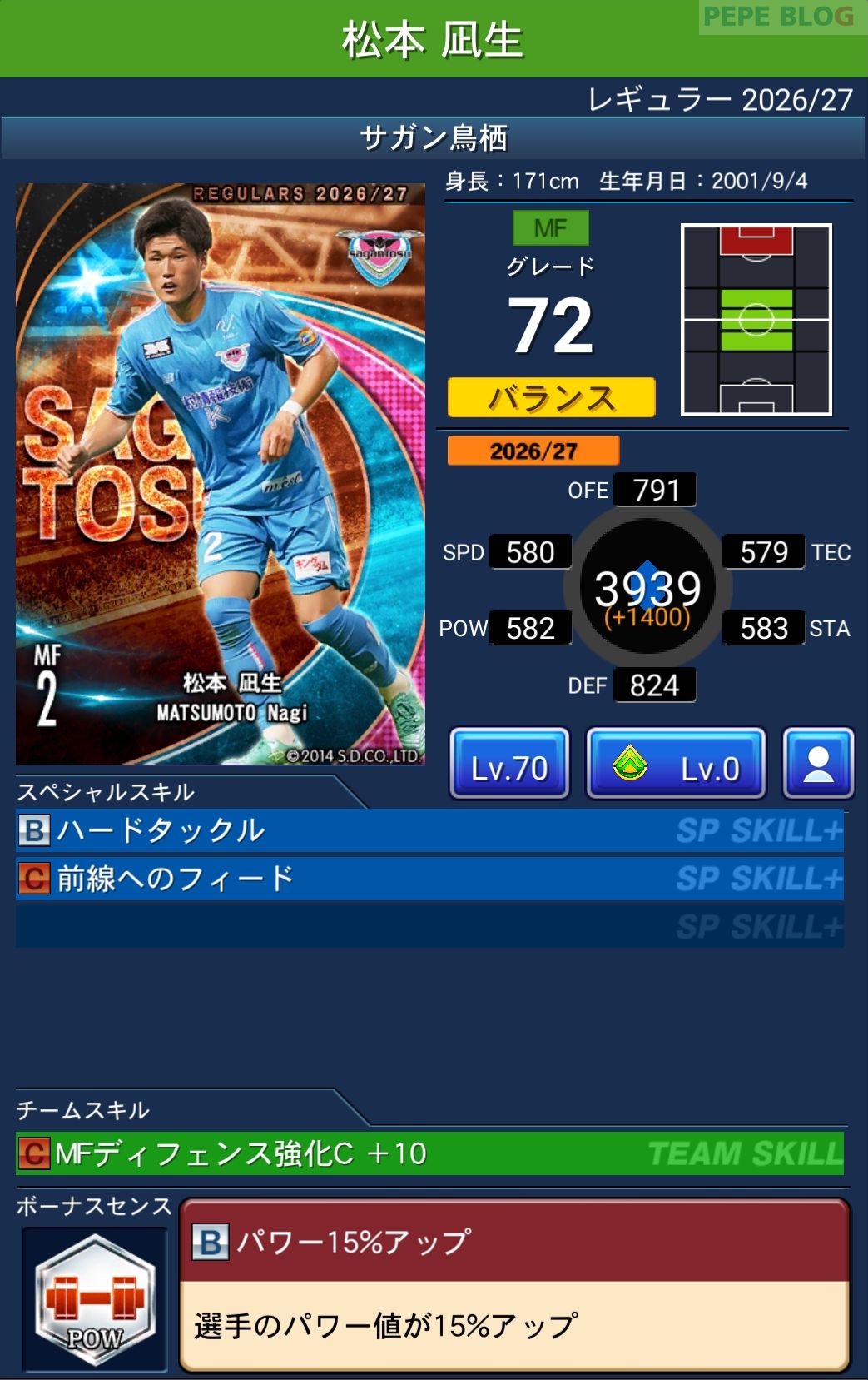 Jクラ レギュラー2026/27 サガン鳥栖 松本 凪生 グレード72