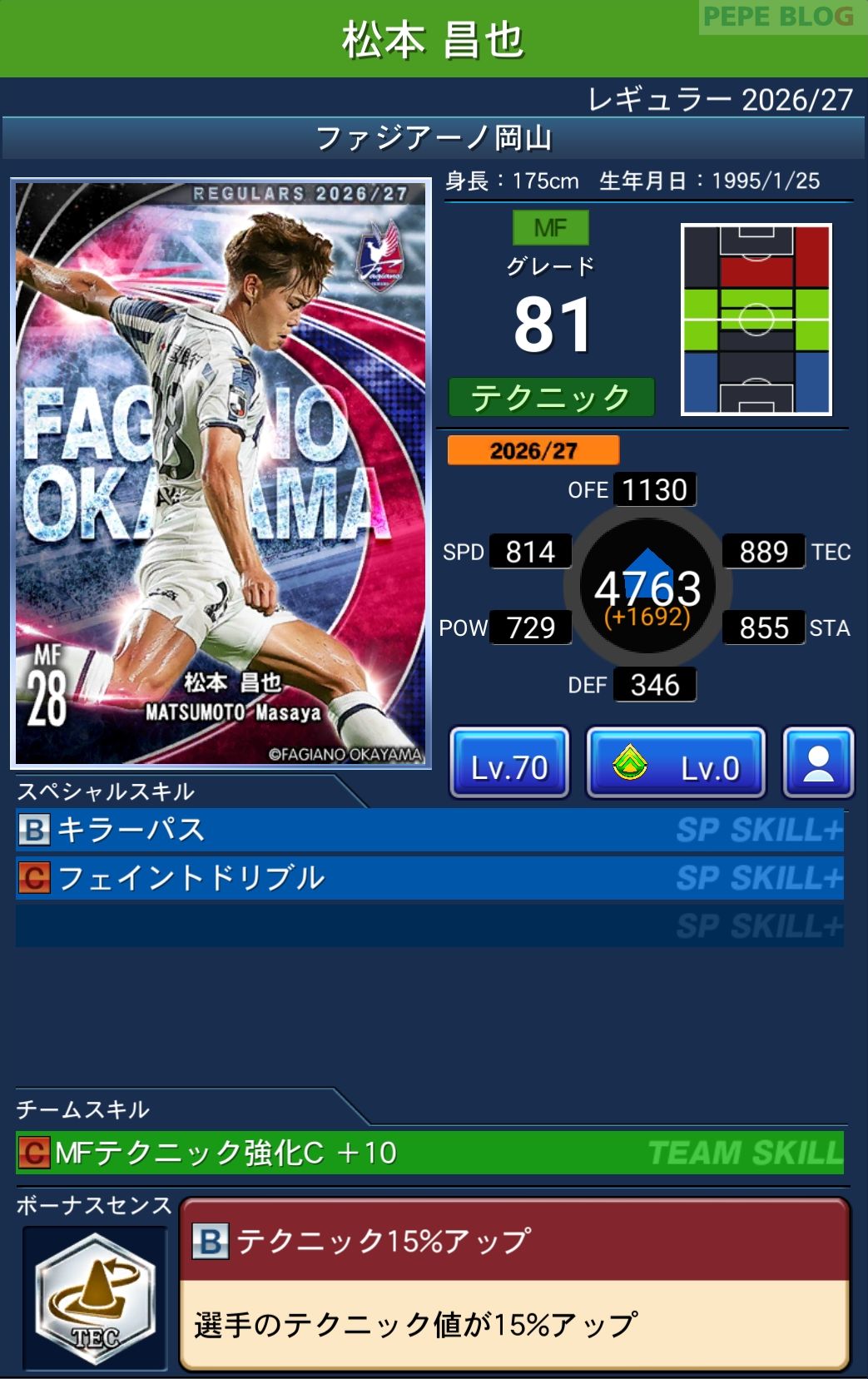 Jクラ レギュラー2026/27 ファジアーノ岡山 松本 昌也 グレード81