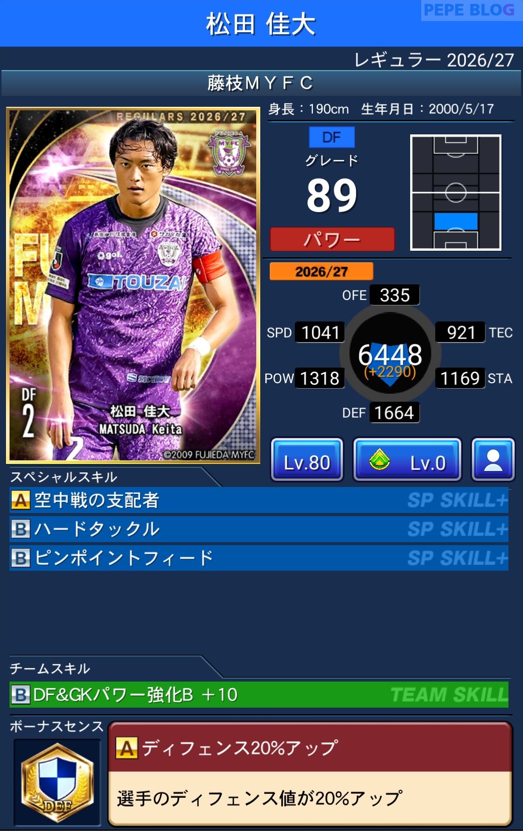 Jクラ レギュラー2026/27 藤枝MYFC 松田 佳大 グレード89