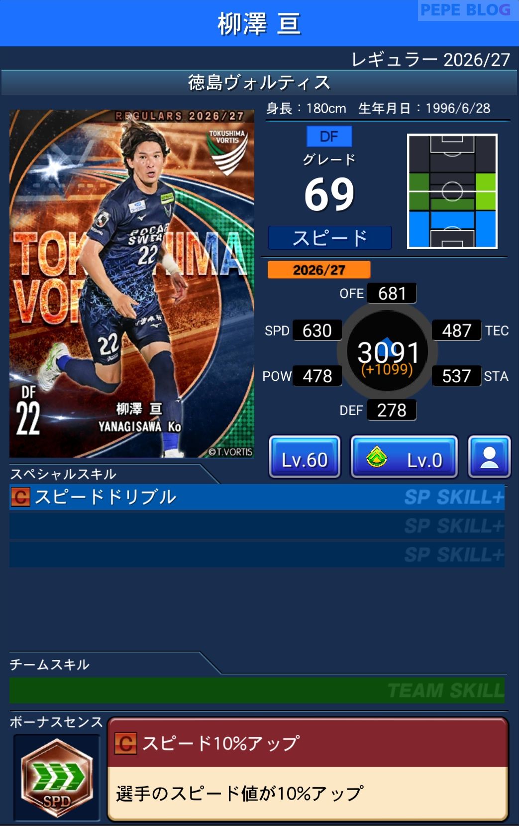 Jクラ レギュラー2026/27 徳島ヴォルティス 柳澤 亘 グレード69