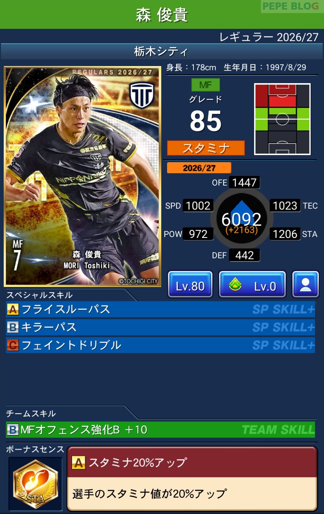 Jクラ レギュラー2026/27 栃木シティ 森 俊貴 グレード85