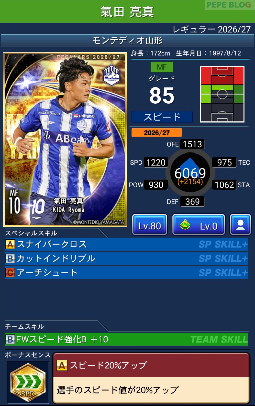 Jクラ レギュラー2026/27 モンテディオ山形 氣田 亮真 グレード85