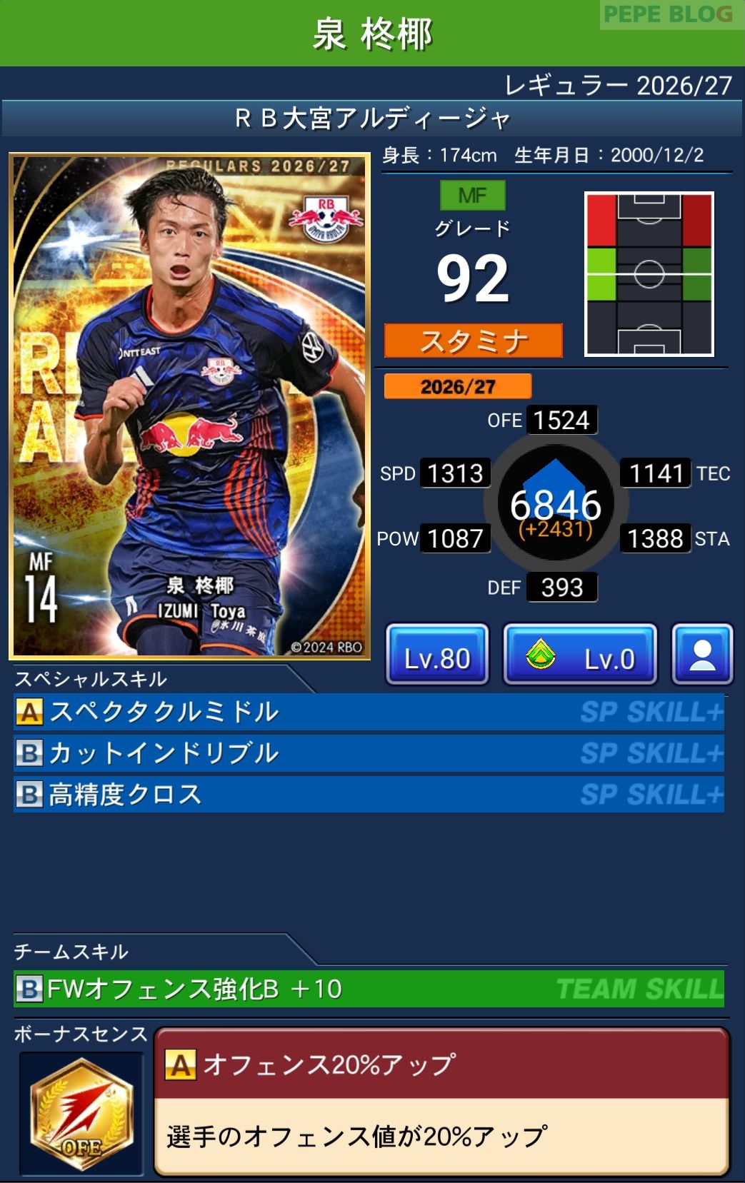Jクラ レギュラー2026/27 RB大宮アルディージャ 泉 柊椰 グレード92