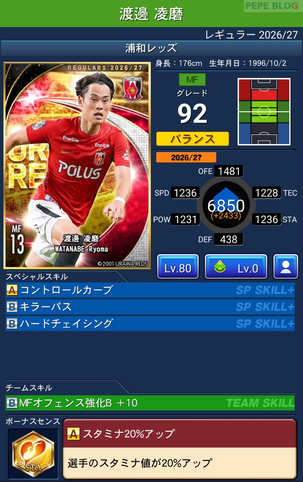Jクラ レギュラー2026/27 浦和レッズ 渡邊 凌磨 グレード92