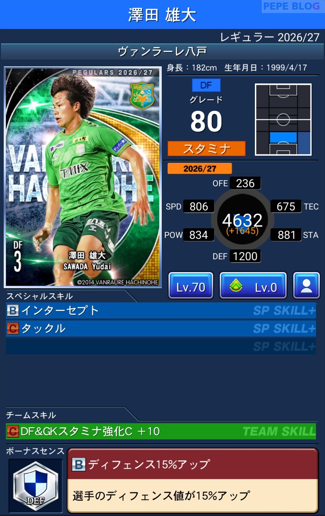 Jクラ レギュラー2026/27 ヴァンラーレ八戸 澤田 雄大 グレード80