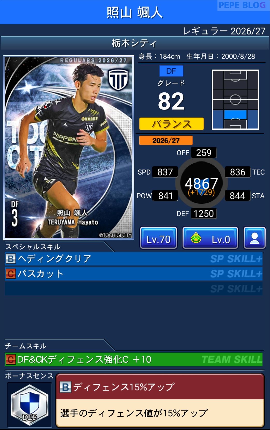Jクラ レギュラー2026/27 栃木シティ 照山 颯人 グレード82