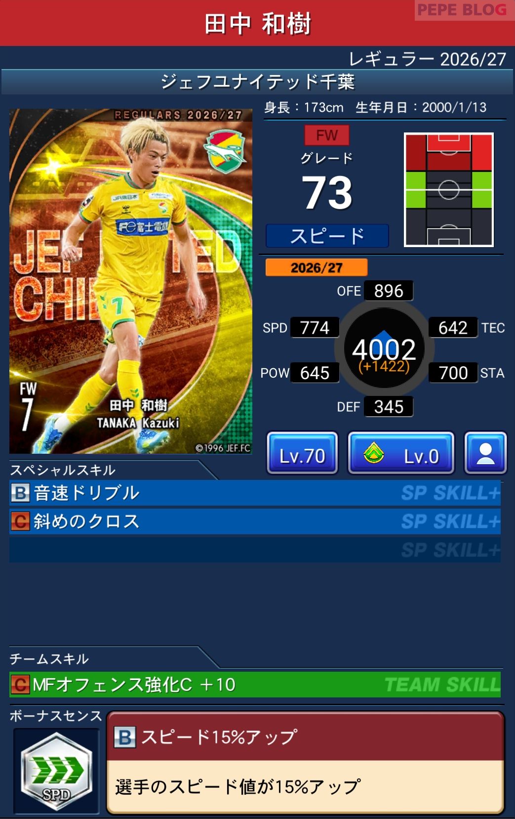 Jクラ レギュラー2026/27 ジェフユナイテッド千葉 田中 和樹 グレード73