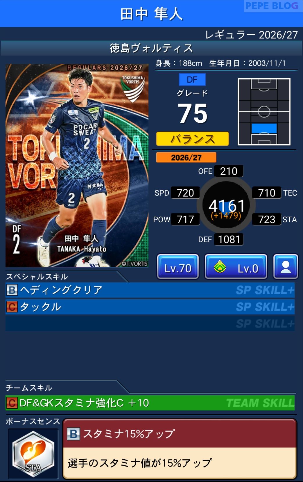 Jクラ レギュラー2026/27 徳島ヴォルティス 田中 隼人 グレード75