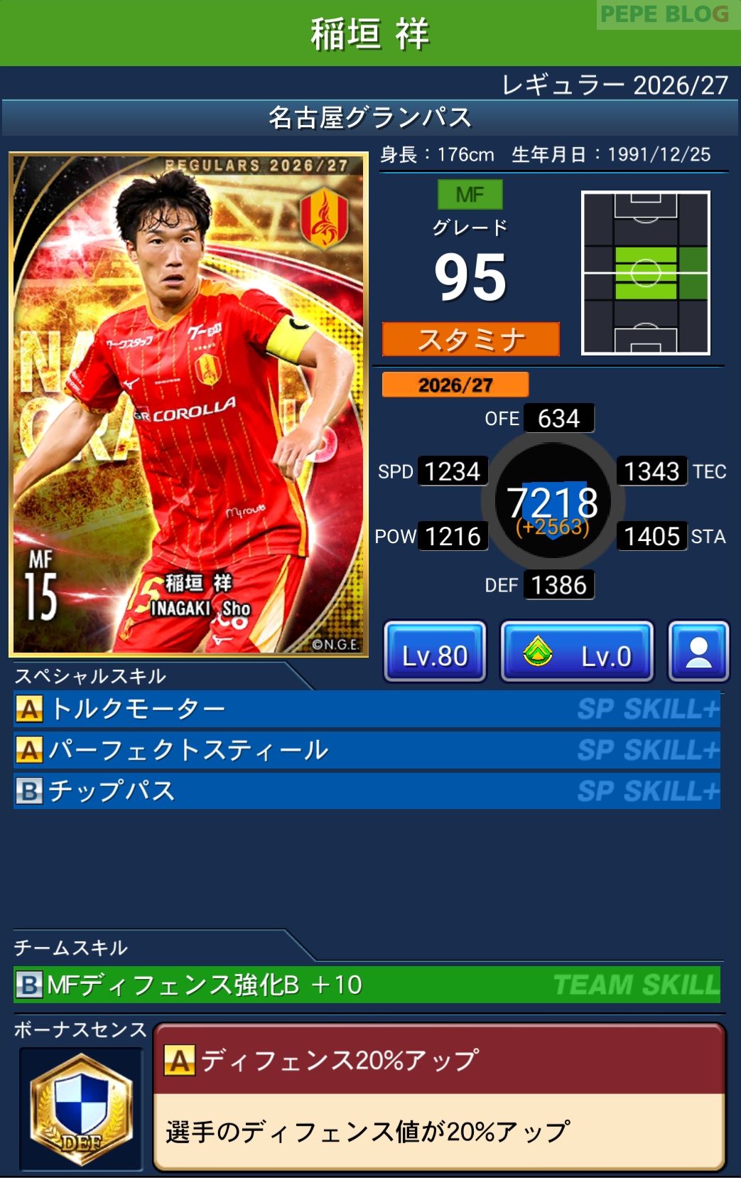 Jクラ レギュラー2026/27 名古屋グランパス 稲垣 祥 グレード95