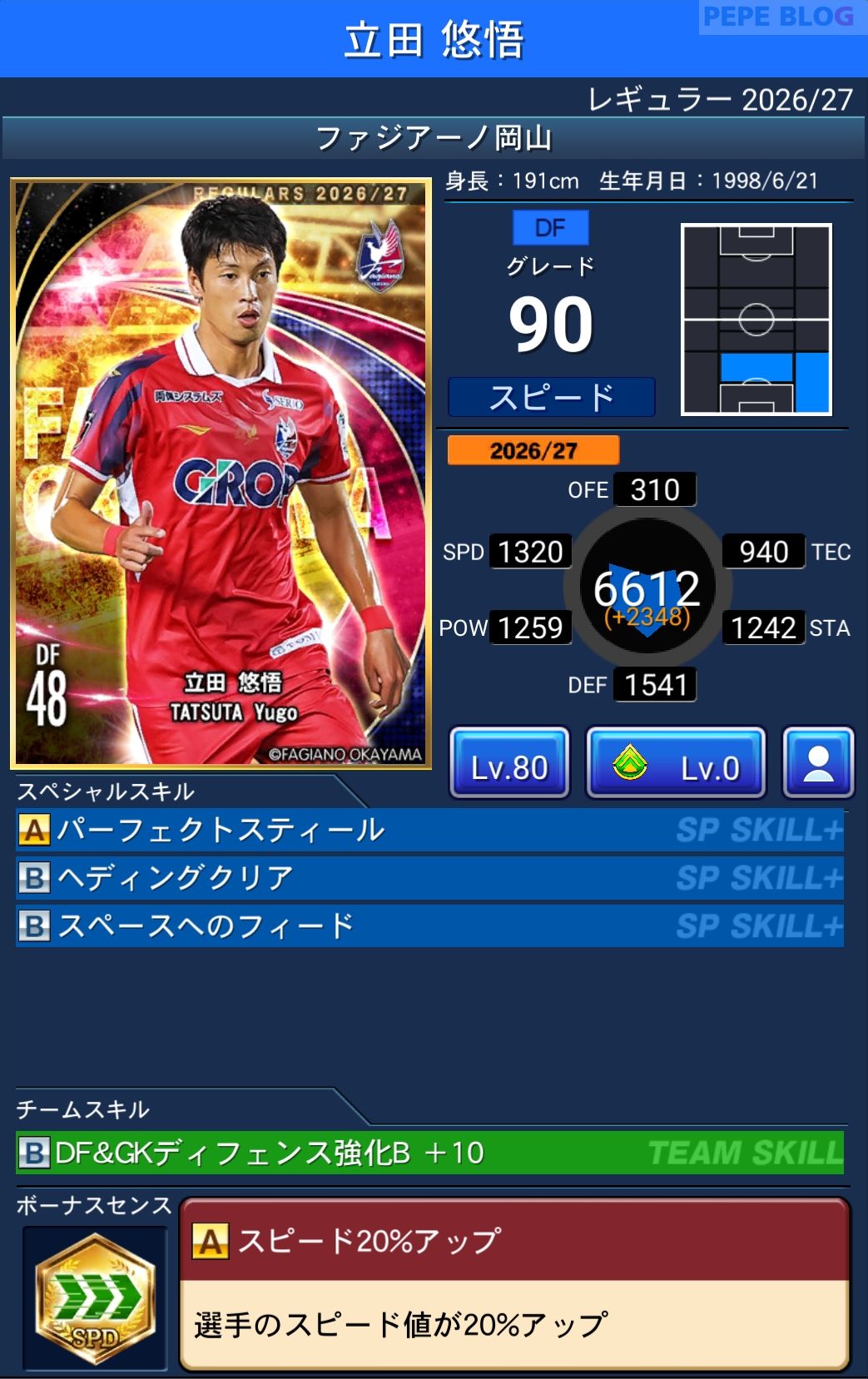 Jクラ レギュラー2026/27 ファジアーノ岡山 立田 悠悟 グレード90