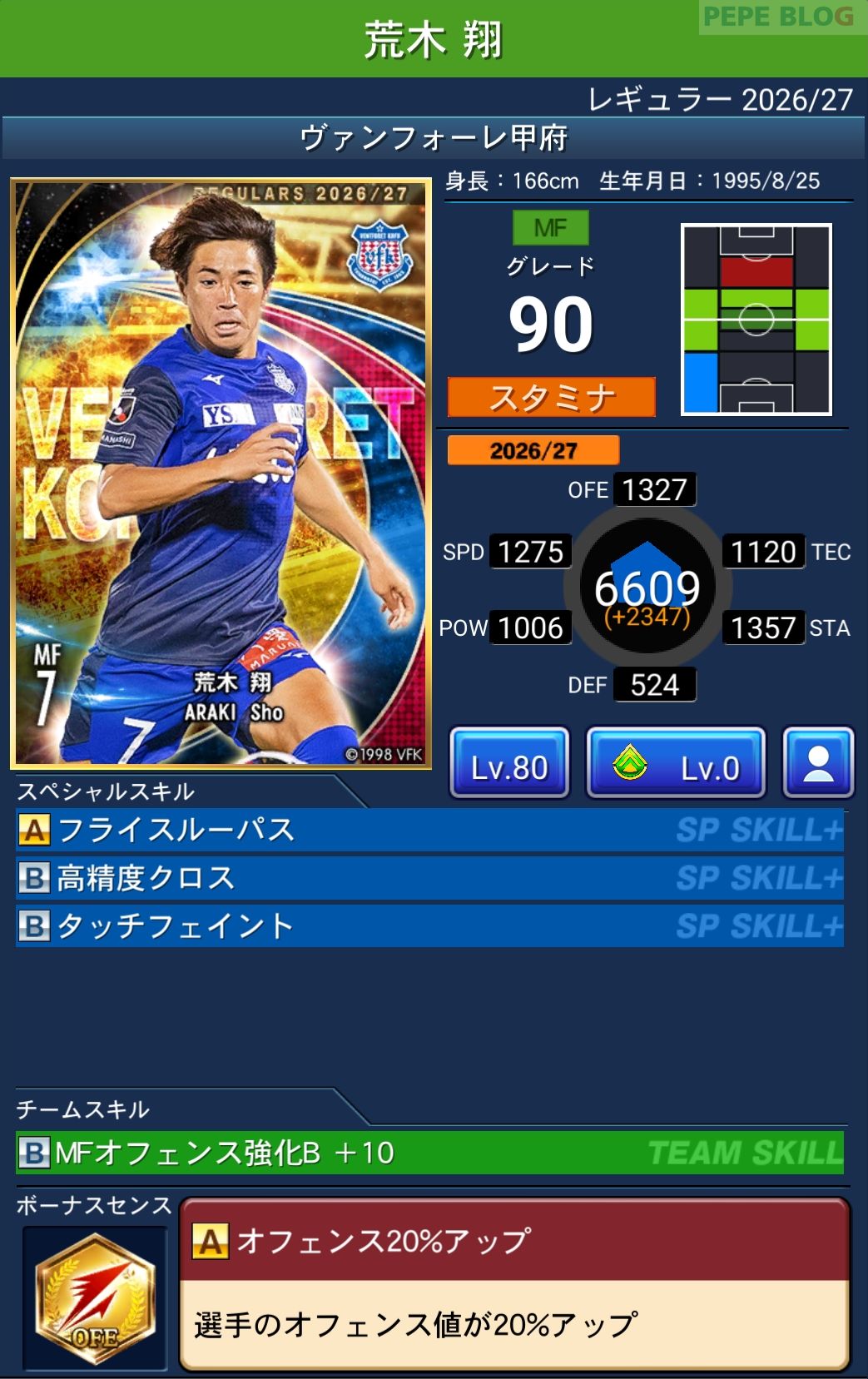 Jクラ レギュラー2026/27 ヴァンフォーレ甲府 荒木 翔 グレード90