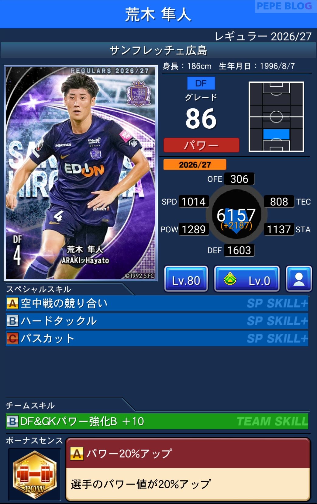 Jクラ レギュラー2026/27 サンフレッチェ広島 荒木 隼人 グレード86