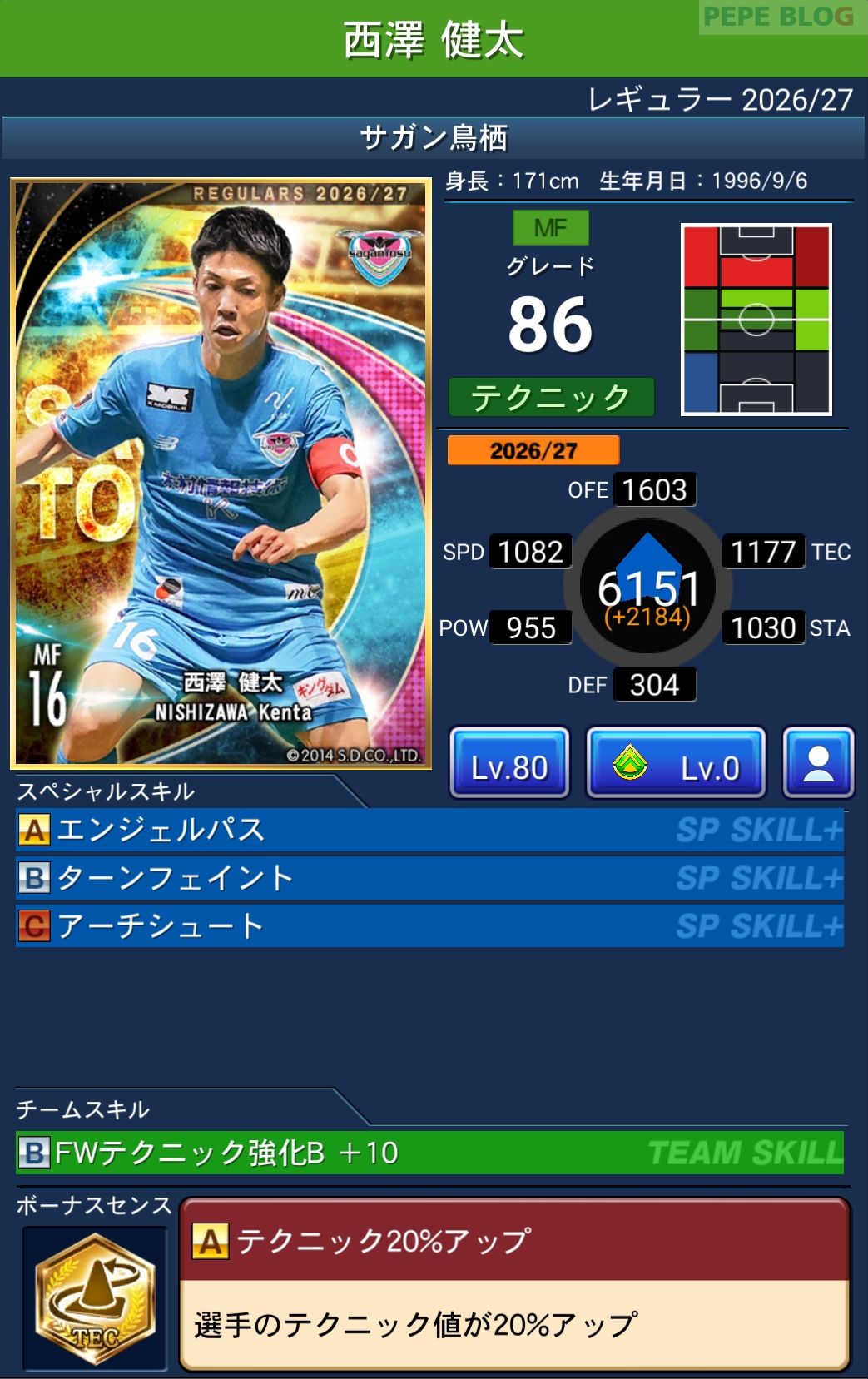 Jクラ レギュラー2026/27 サガン鳥栖 西澤 健太 グレード86