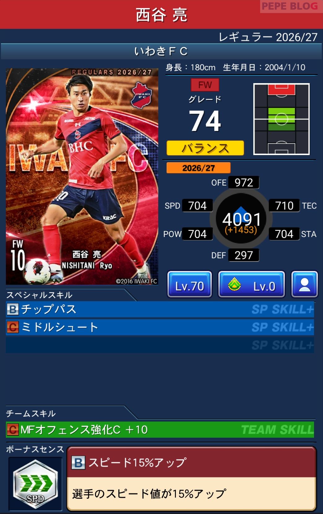 Jクラ レギュラー2026/27 いわきFC 西谷 亮 グレード74