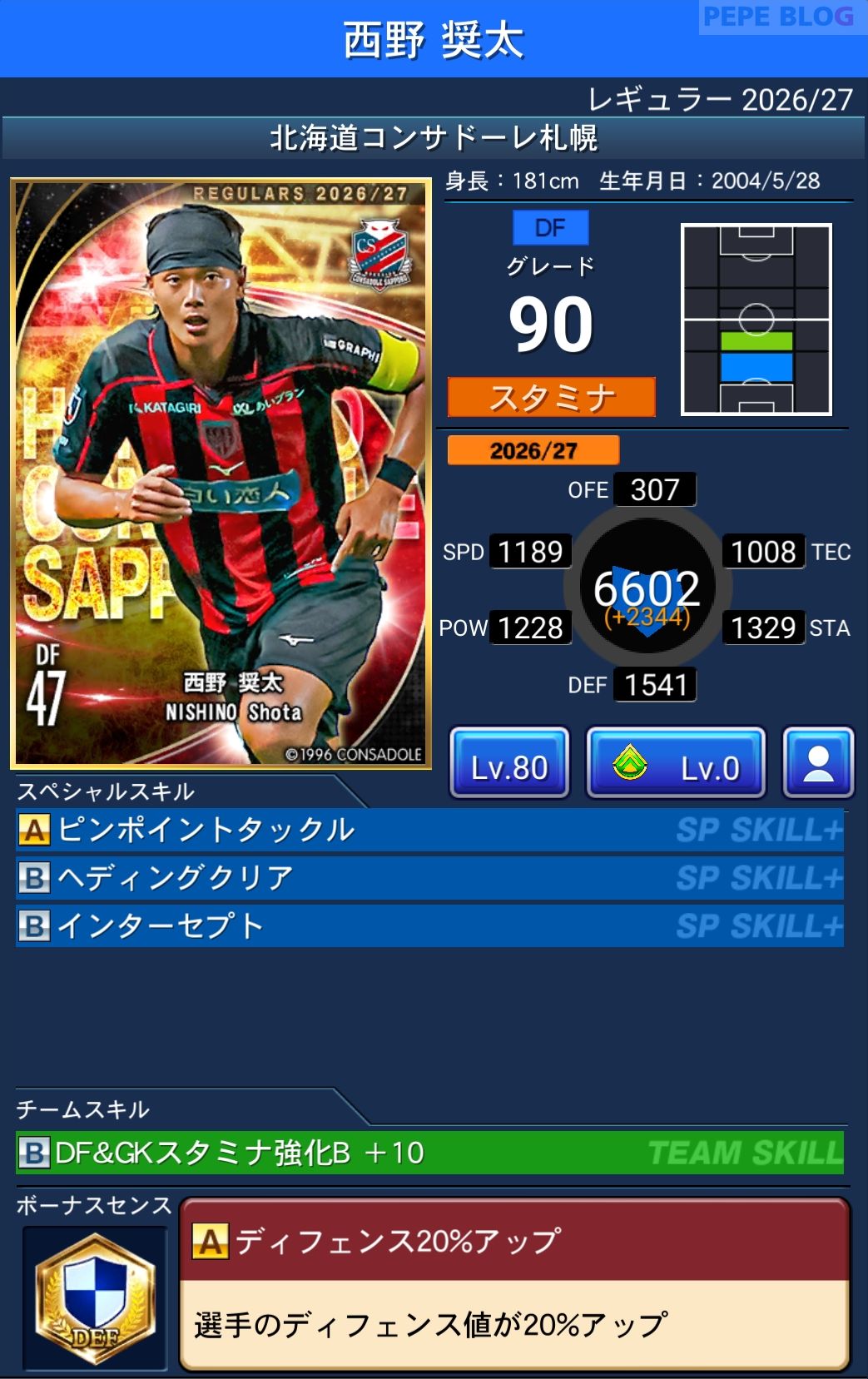 Jクラ レギュラー2026/27 北海道コンサドーレ札幌 西野 奨太 グレード90