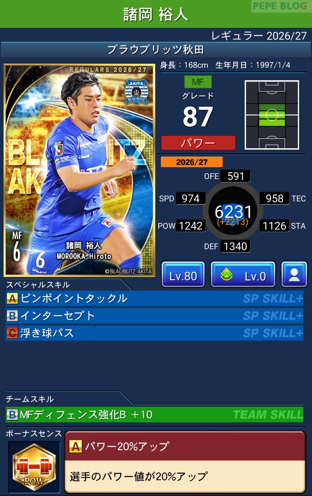 Jクラ レギュラー2026/27 ブラウブリッツ秋田 諸岡 裕人 グレード87