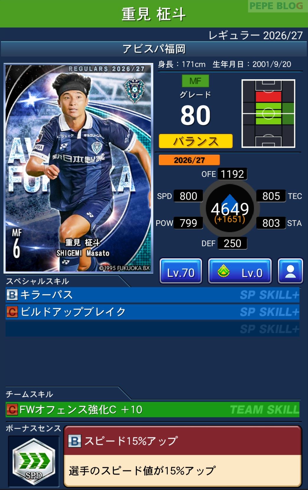 Jクラ レギュラー2026/27 アビスパ福岡 重見 柾斗 グレード80