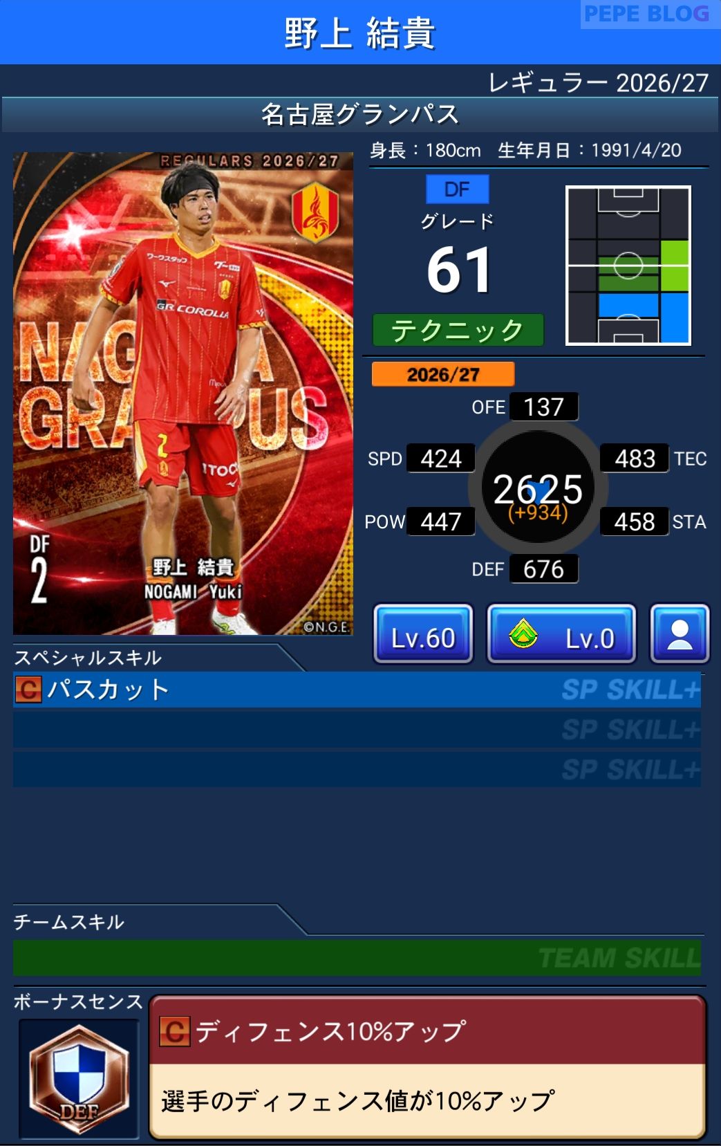 Jクラ レギュラー2026/27 名古屋グランパス 野上 結貴 グレード61