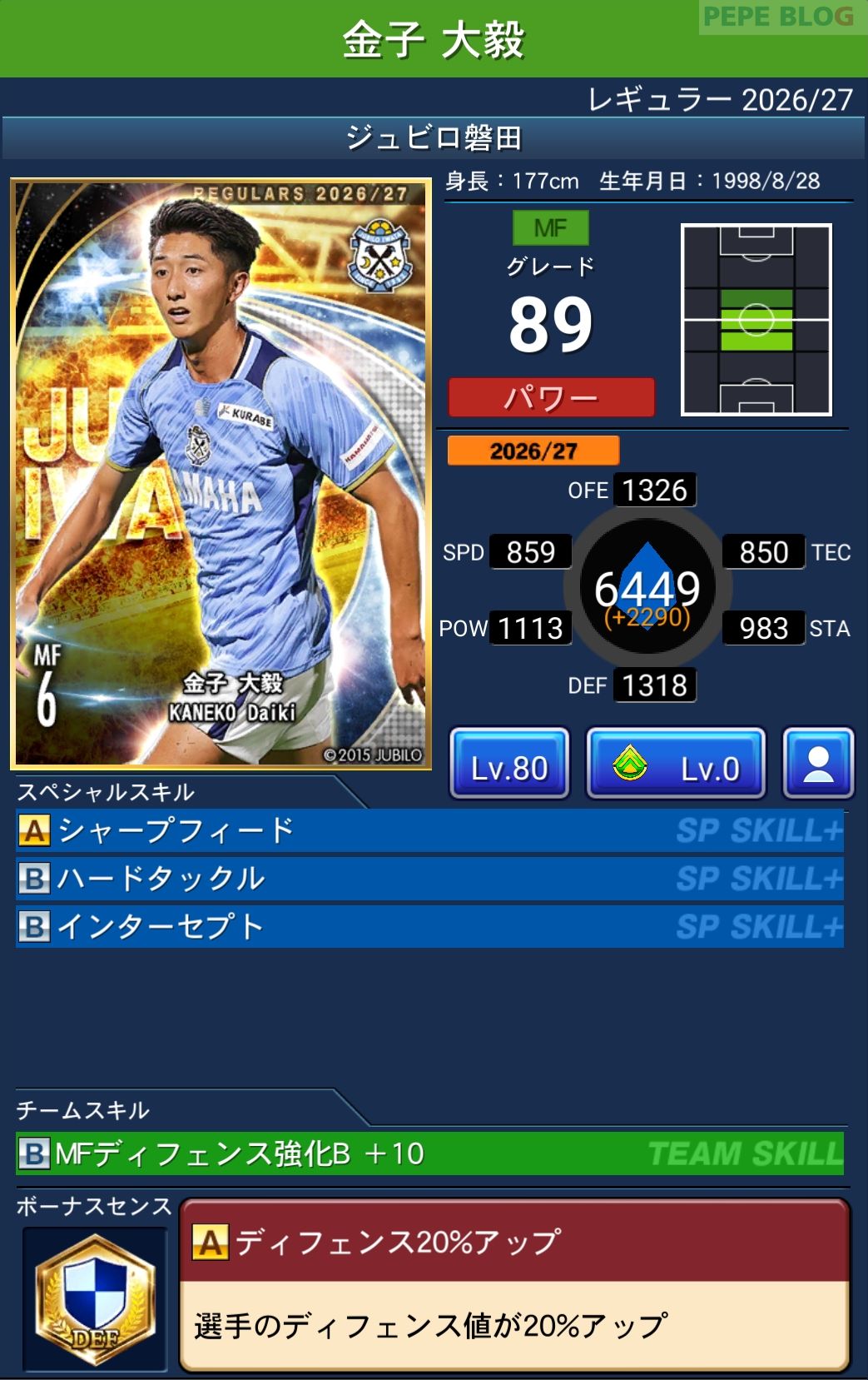 Jクラ レギュラー2026/27 ジュビロ磐田 金子 大毅 グレード89