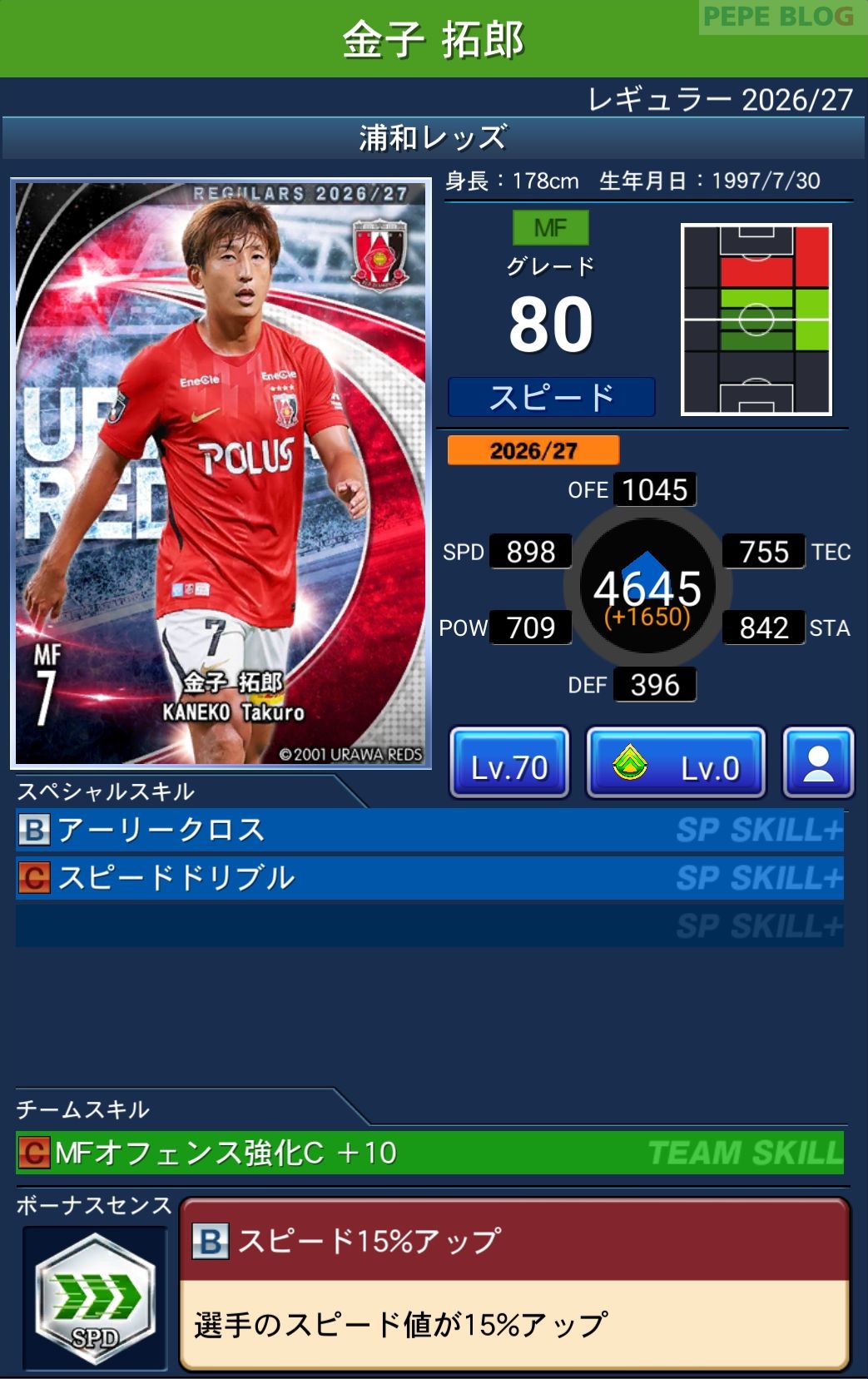 Jクラ レギュラー2026/27 浦和レッズ 金子 拓郎 グレード80