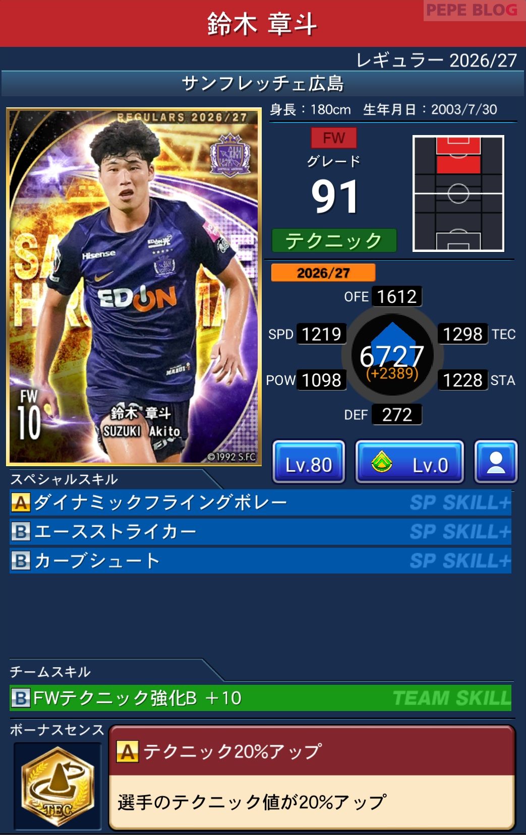 Jクラ レギュラー2026/27 サンフレッチェ広島 鈴木 章斗 グレード91
