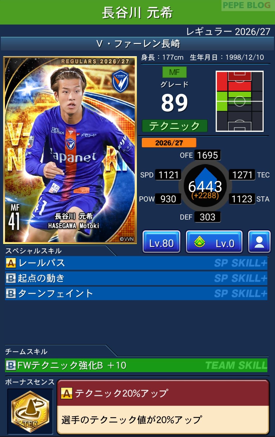 Jクラ レギュラー2026/27 V・ファーレン長崎 長谷川 元希 グレード89