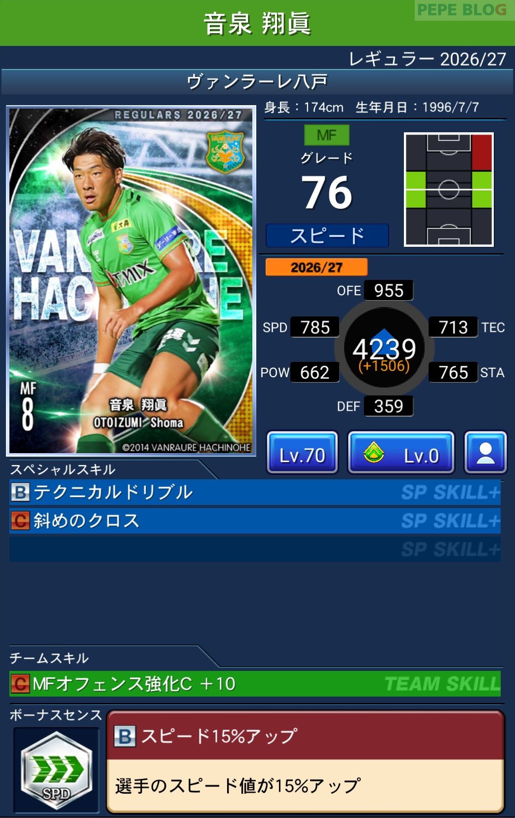 Jクラ レギュラー2026/27 ヴァンラーレ八戸 音泉 翔眞 グレード76