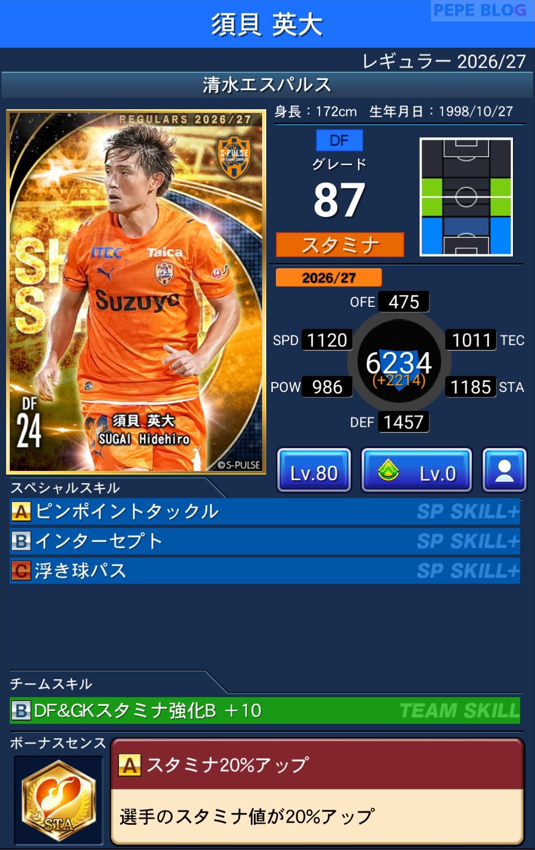 Jクラ レギュラー2026/27 清水エスパルス 須貝 英大 グレード87