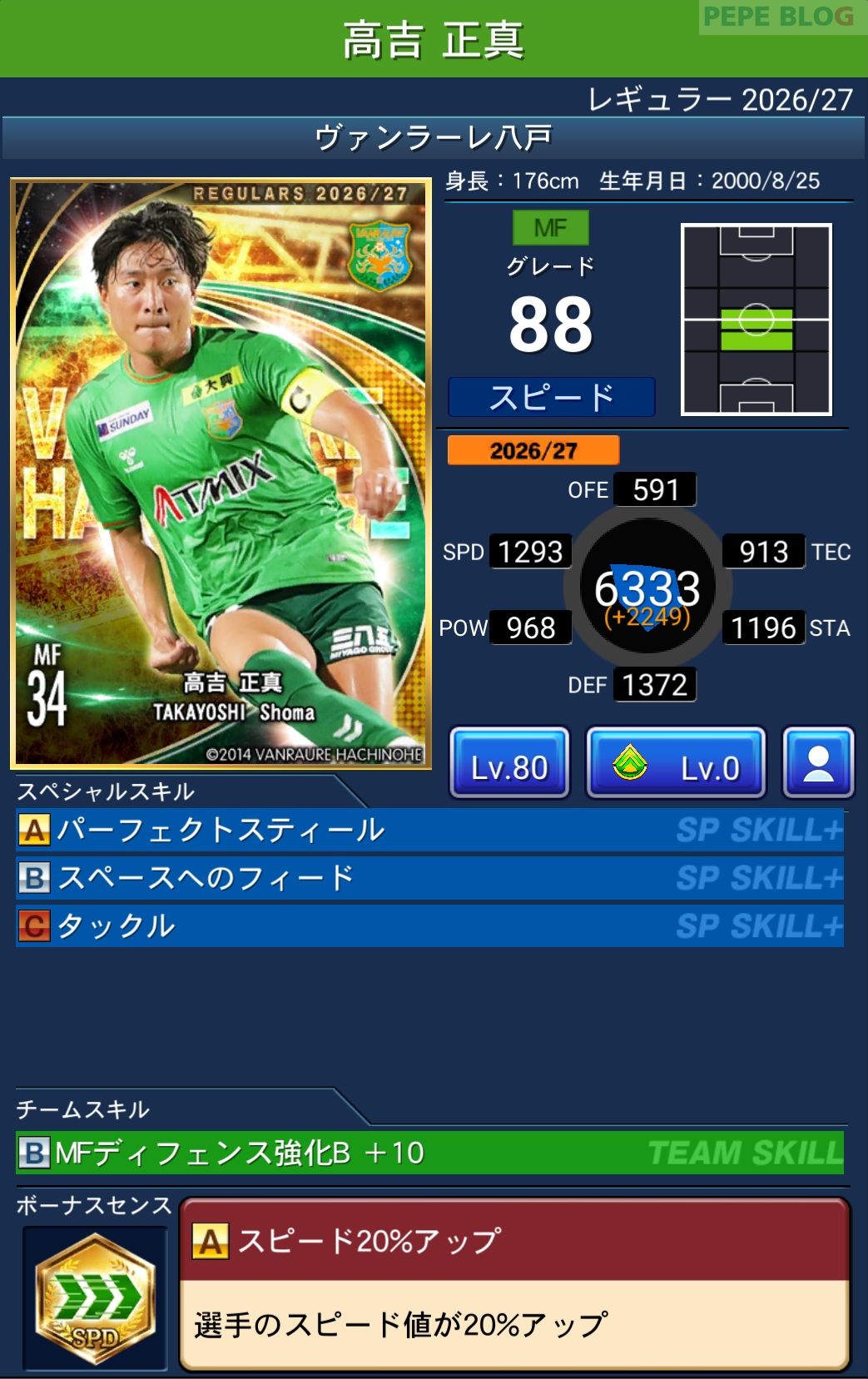 Jクラ レギュラー2026/27 ヴァンラーレ八戸 高吉 正真 グレード88
