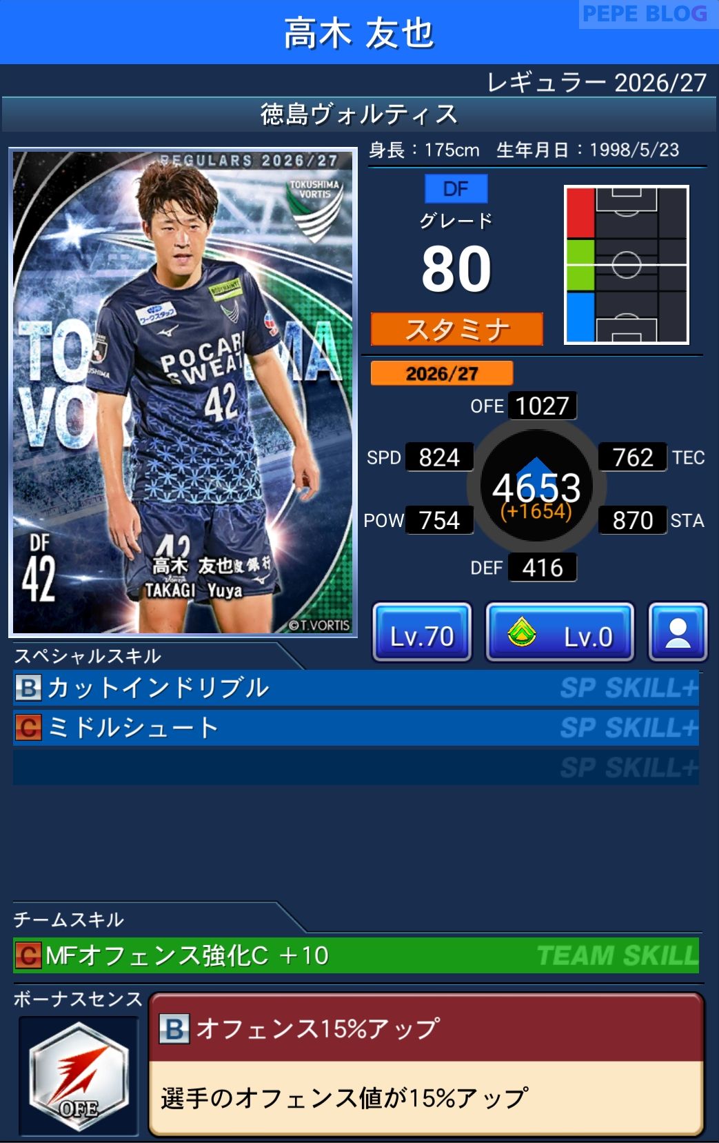 Jクラ レギュラー2026/27 徳島ヴォルティス 高木 友也 グレード80