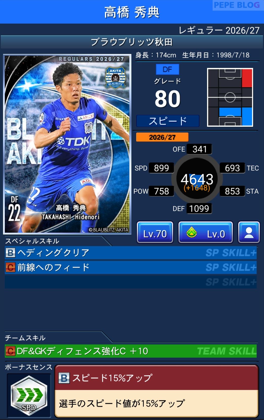 Jクラ レギュラー2026/27 ブラウブリッツ秋田 高橋 秀典 グレード80