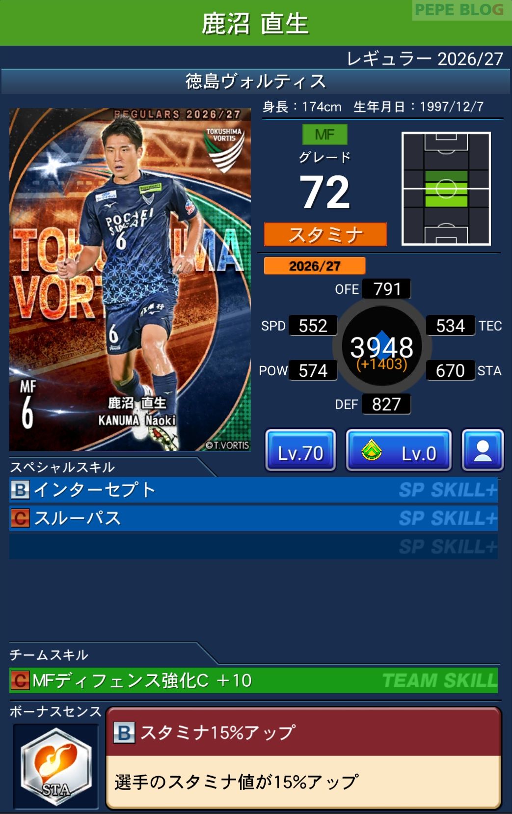 Jクラ レギュラー2026/27 徳島ヴォルティス 鹿沼 直生 グレード72